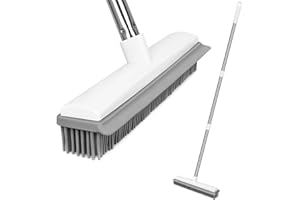 SUIMLMTA Rubber Broom, 2 in 1 Floor Rubber Brush with Squeegee, Adjustable Long Handle Rubber Broom Indoor Outdoor Soft Push Broom Carpet Sweeping Brush for Pet Cat Dog Hair Hardwood Tile Windows Clean