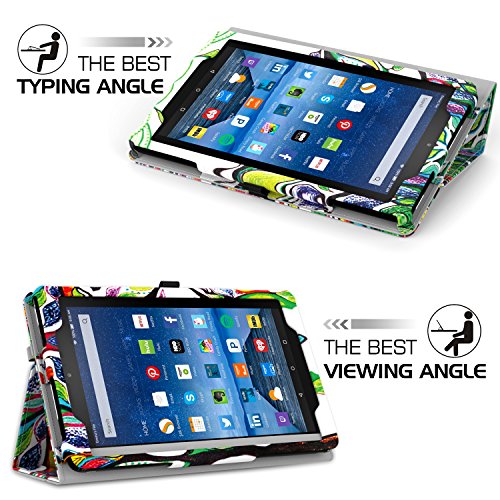 MoKo Fire 2015 7 Zoll Hülle – Kunstleder Ständer Schutzhülle Smart Cover mit Stift-Schleife und Stanfunktion für Amazon Fire Tablet (Vorherige 5th Generationeration – 2015 Modell) Tablet, Blumen Marineblau - 7
