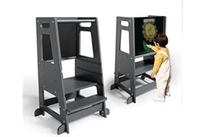 Kotsy Torre di apprendimento con lavagna staccabile,torre montessori per bambini 3 altezze regolabili,Montessori Learning Tower Per bancone da cucina, tavolo da pranzo e bagno(grigio)