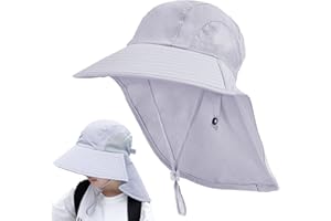 Cysocool Children Wide Brim Sun Hat with Neck Flap 4-13 Years Girls Ponytail Sun Hat Boys Mesh Cool Hat Anti UV Cap Neck Sun Protection Hat with Strap Kids Beach Boonie Hat Summer Hat UPF 50+