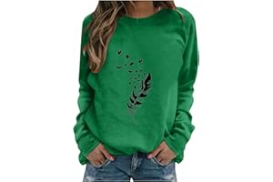 BUDAOWENG Sweat Femme sans Capuche Chic Imprimé Plume Sweat Shirt Femme Manche Longue Chemisier Femme Chic Et élégant Col Rond Sweatshirt Femme Grande Taille Pull Femme Sexy Top
