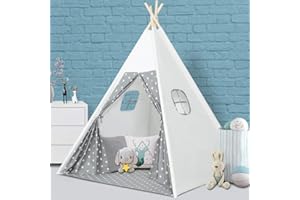 Wilwolfer Teepee Tent for Kids Foldable Children Play Tent for Girl and Boy with Carry Case 4 Poles White Canvas Playhouse Toy for Indoor and Outdoor Games (Grey)