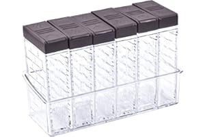 Pinsheng 6 sztuk przezroczystych pudełek na przyprawy, plastikowe słoiki na przyprawy z tacą i podwójną otwartą pokrywką, pudełko na przyprawy kempingowe do kuchni grilla