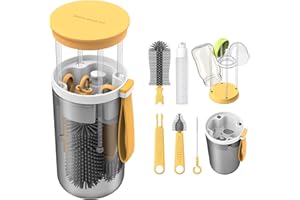 GECIC 6 in 1 Babyflaschen Bürsten Set Reise Flaschenbürste Silikon, Baby Flaschen Trockengestell Babyflaschen Nippel Bürste, Flaschenreiniger für Unterwegs, Strohhalm Reinigungsbürste, Seifenspender, Gelb