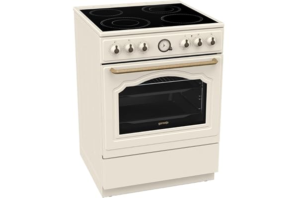 Gorenje Classico GECS 6 B70CLI elektrisk spis med glaskeramisk spis/retro design / 60 cm / 71 liter/mild stängning/snabbuppvärmning/AirFry/ExtraSteam/Pizza-läge/AquaClean/Champagne