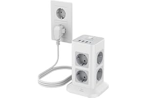 ‎TESSAN TESSAN Listwy zasilające 8 gniazd z USB C, przedłużacz 3 metry, ochrona przed przeciążeniem z 3 USB A i USB C, listwa zasilająca pionowa z przełącznikiem, włamywacz 3600 W