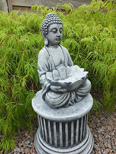 Stein BUDDHA mit Lotosblüte Pflanztopf Feng-Shui Steinfigur grau / Patiniert massiv Skulptur Garten Deko Frostfrei 30 cm - 4