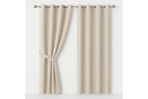 AMEHA Blackout Eyelet Curtains for Bedroom Black Out Cream Curtains Thermal Insulated Ring Top Window Treatment Short Curtain 46X54 Inch 2 Panels with Tiebacks