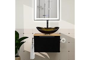 ZealWe Badmöbel Set 2-teilig Waschbecken mit Unterschrank 60 cm mit Handtuchhalter Rollenhalter, Waschtischunterschrank hängend mit Waschtish 54 cm für kleine Gäste WC Waschplatz, Schwarz Gelb