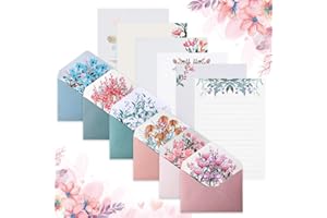 Corsehild 24 PCS Writing Stationery Paper with 12 PCS Envelops, A5 Floral Writing Paper and Envelopes Set, Lovely Flower Letter Paper Cute Lined Letter Writing Set for Invitation Gifts (6 Sets)
