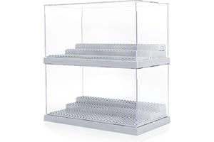 Mlikero 2 Pack Minifigure Display Case for Action Figures Blocks, Clear Dustproof Display Storage Box with 3 Movable Steps Gifts for Children Minifigures Collectors (Grey)