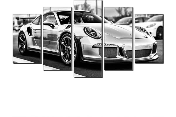 Annick Goutal Porsche 911 GT3 RS sportbil canvas oljemålning väggkonst 5 paneler svart och vitt tema bild canvas konstverk fö