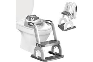 LPQKCCY Toilettensitz Kinder, Upgraded Toilettentrainer mit Verstellbarer Treppe, WC Aufsatz Sitz, Klappbarer Höhenverstellbar Töpfchen, Mit PU Kissen, Spritzschutz, Griffe, für Kleinkinder Jungen und Mädchen