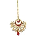 Accessher Gold PLated Traditional Jadau/Paachi Kundan Embellished Delicate Maang Tika/Maang Tikka with Pearls and Beads Chain for Women and Girls Pack of 1