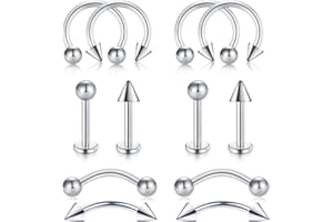 LAURITAMI 12pcs Pendientes Piercing Ceja Tragus Helix Aros Perno 8mm 16G Nariz Helix Acero Inoxidable Rook Curvado Bolas Herradura Labio Labret Piercing Joya