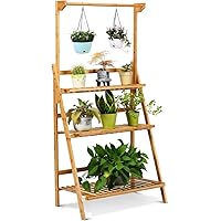GIANTEX Pflanzenleiter Bambus, 3-Ebenen Blumenleiter Pflanzenregal mit höhverstellbarer Hängestange, Blumenregal…