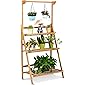 GIANTEX Pflanzenleiter Bambus, 3-Ebenen Blumenleiter Pflanzenregal mit höhverstellbarer Hängestange, Blumenregal…