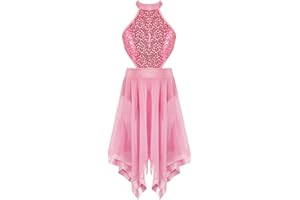 dPois Enfant Fille Asymétrique Robe Danse Lyrique Justaucorps Gymnastique Ballet à Paillettes Leotard Robe Danse Classique Costume Jazz 3-16 Ans
