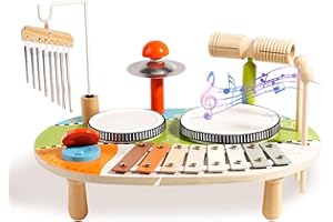 Kingbar Batería De Madera para Niños, Juguetes De Instrumentos Musicales De Percusión 6 En 1, Castañuelas De Campanas De Viento De Xilófono para Bebés, Juguetes Educativos Sensoriales Montessori, B