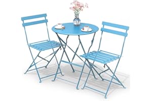 VOUNOT® Set da Giardino Pieghevole da 3 Pezzi, Set da Bistro Tavolo da Bistrot con 2 Sedie Balcone, Set di Mobili 3pz in Acciaio dal Design Moderno, Salvaspazio per Terrazza, Patio, Esterno, Blu