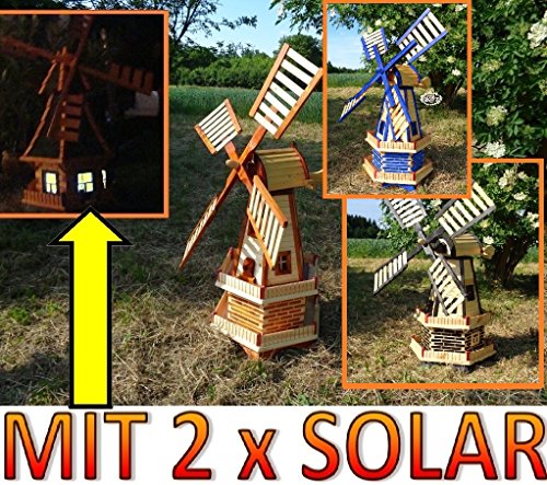 Holz & Garten Windmühle 130 cm, zweistöckig 2 Balkone aus Holz, garten windmühlen, behandelt / imprägniert, Seitenruder/Windfahne, komplett mit Solar, Solarbeleuchtung DOPPEL-SOLAR LICHT WMH130ng-MS 1,30 m groß in schwarz / dunkel feuer-geflammt (echt geflammt / gebrannt), NATUR-GEFLAMMT - 5