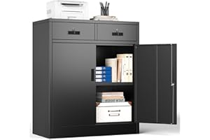 ‎TASKSTORZ Aktenschrank, Mehrzweckschrank, Büroschrank mit 2 Türen, Schrank abschließbar, Aufbewahrungsschrank Stahl, 2 Schublade und 1 Verstellbarer Einlegeboden für Büro, Garage(Schwarz,90 * 80 * 40)