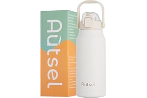 Autsel Bouteille Isotherme 1.7L Gourde Inox Isotherme avec Paille Gourde Sport Étanche Gourde Musculation avec Poignée, pour Le Sport, La Randonnée, La Maison, en Plein Air