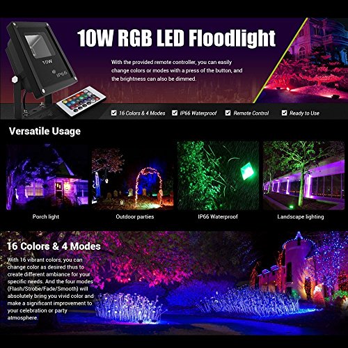 Minger LED Fluter RGB 10W Strahler Außen Mit 24 Tasten Fernbedienung, 16 Farbwechsel, Wasserdicht IP66 Spotbeleuchtung Garten Stimmungslichter - 6