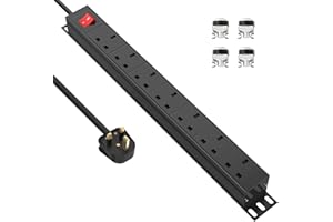 HANNELORE Extension Lead Surge Protection 7 Way Multi Plug Power Strip with Switches, Desk Power Strip 19 Inch Rack Mount Power Socket for Home Office Power Distribution Unit (PDU), Black 2500W/13A