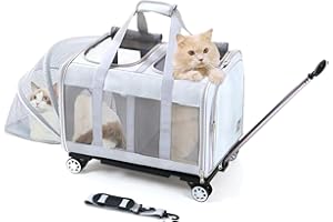 BEAUTYMONKEY.K Transportín Doble para 2 Gatos con Ruedas - 2 Compartimentos Independientes,Base Extraíble y Correas de Seguridad - Transpirable - Ideal Viajes en Coche/Veterinario (55x44x33 cm)