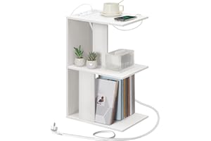 MAHANCRIS Tavolino con Stazione di Ricarica, Tavolino a Forma di C con Luce a LED a Sensore Ricaricabile, Tavolino da Divano con Ripiano Portaoggetti, per Camera da Letto, Bianco AETWT18UE01