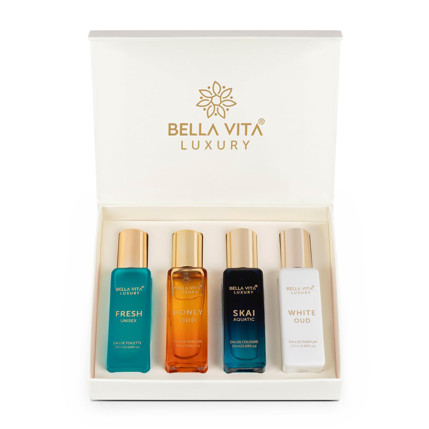 Bella Vita Luxury Unisex Eau De Parfum Gift Set 4 x 20ml for Men & Women with SKAI, FRESH, WHITEOUD, HONEY OUD Perfume|Long L