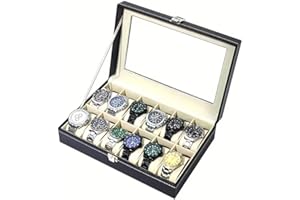 ZiaWorld 12 Slot Watch Storage Box, Fathers day Gift, Watch Display Case, Made of Faux Leather with Plastic Lid, 12 Removable Soft Cushions, Suede Interior, Scratch Resistant, Lockable, Black
