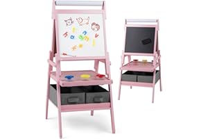 RELAX4LIFE Cavalletto per Bambini, Cavalletto a Doppia Faccia con Rullo di Carta, Vassoi di Stoccaggio, 4 Tazze per Pittura e 2 Cassetti, Cavalletto Disegno in Legno per Bambini 3+ Anni (Rosa)