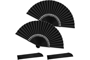Redamancy 2 Pcs Folding Hand Fan, Black Fan Handheld Fabric for Women Men, Chinese Imitation Silk Fabric Handheld Fan for Dancing Cosplay Wedding Party Home Decorations Birthday Gifts