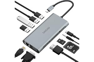 SINEHO 11-i-1 USB C-hubb med 4K HDMI, VGA, Ethernet, SD/TF-kortläsare | 100W PD-laddning, 4 USB-portar och 3,5 mm ljud för MacBook Pro/MacBook Air, Surface och andra enheter