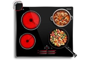 Karienvir Piano cottura in vetroceramica 4 Fuochi, Piano Cottura Elettrico 4 piastre incasso, 9 livelli di potenza, comando a slitta, timer, blocco di sicurezza, struttura in metallo, 6000W, 60cm