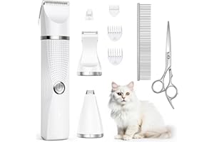 Bautrium Cat Grooming Clippers Kit, Low Noise Cat Shaver for Matted Fur Claw - Paw Trimmer for Dogs with Stainless Steel Scissors Combs & USB-C Charging Cable