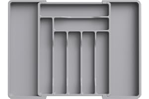 Lifewit Organizador de cubiertos de cajón, Bandeja de cubiertos expandible para cajón de cocina, portautensilios y cubiertos ajustable, Portacucharas, tenedores, cuchillos, almacenador, grande, Gris