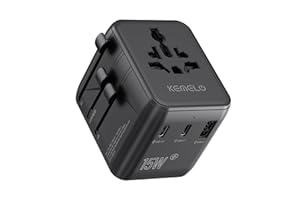 KEMELO Adaptador Enchufe Universal,Adaptador de Viaje con 1 USB y 2 USB C Cargador Viaje, Travel Adapter Internacional 1 Toma Mundial y Toma US/JP, para UK, Irland, Australia Cargador para Más de 200 Países