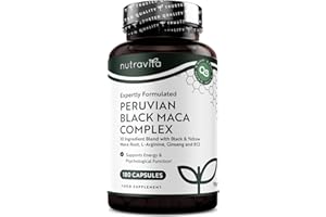Black Maca Complex 6000mg with Fenugreek Vitamin B12 Vitamin B6 Ginseng and L Arginine for Normal Energy Fertility and Psychological Function (EFSA) 180 High Strength Capsules for 6 Months, Nutravita