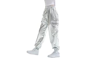 Rolanko Ragazze Pantaloni Cargo Metallizzati, Hip Hop da Ballo Streetwear con Vita Elastica per Bambini, Argento, 8-9 Anni,140