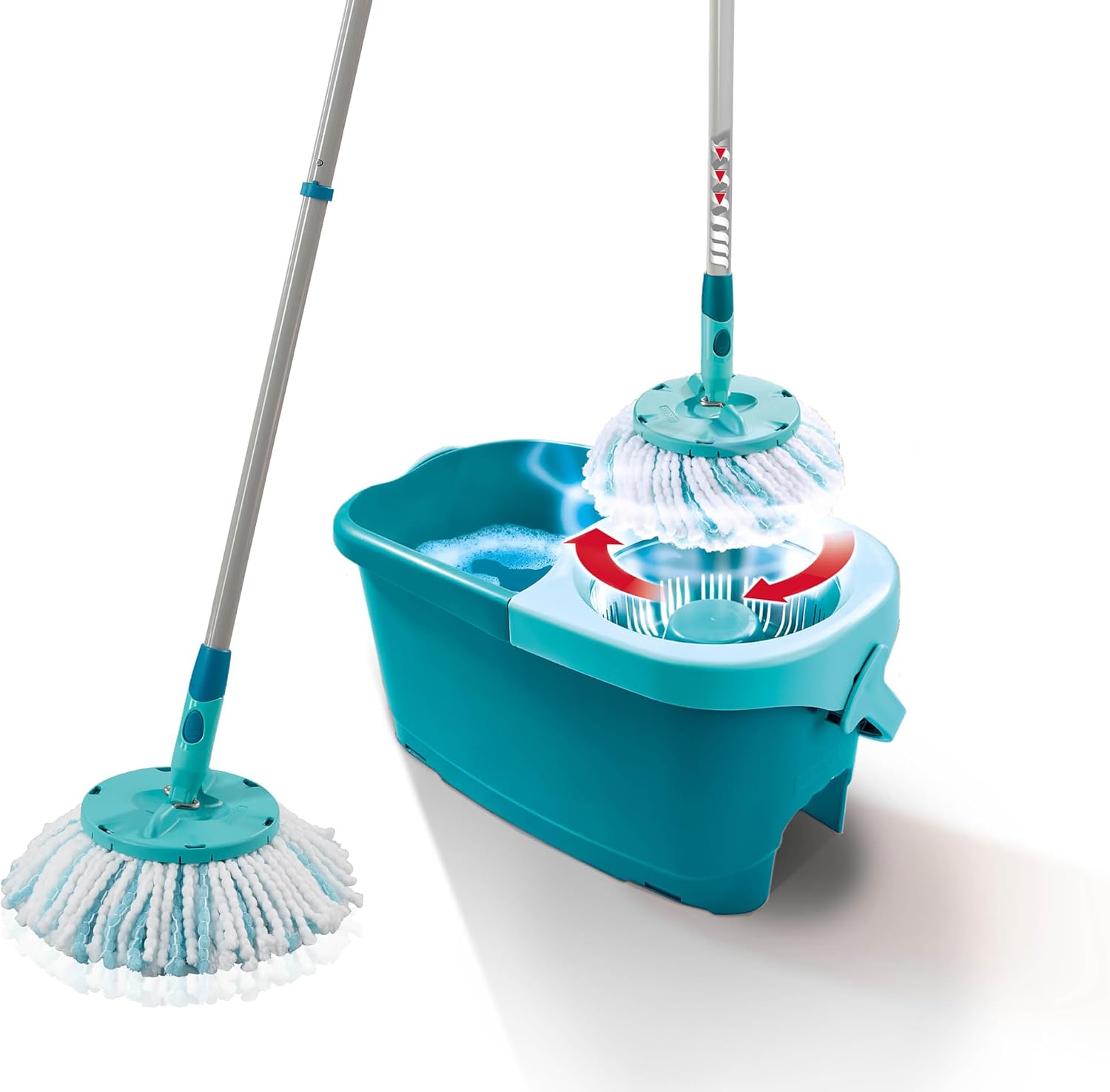 Leifheit Set de fregona rotatoria Clean Twist Disc Mop Ergo 2.0, fregona giratoria con cabezal Micro Duo, set de limpieza en húmedo