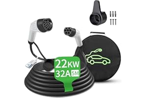 Sheepping Câble de Charge pour Voiture électrique Type 2 Cable Recharge Rapide Plug-in 5m 22KW 32A 3Phases IP55 avec Sac de Rangement et Support Mural