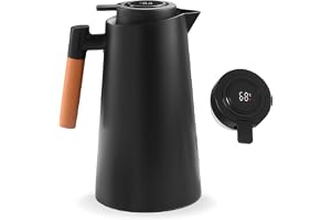 GOEDCH Termosflaska 1 L: Svart vakuumkanna med temperaturdisplay, kaffekanna termisk med trähandtag, tetermos med temperaturdisplay, väl förseglad kaffekanna, för kaffe, te och mjölk
