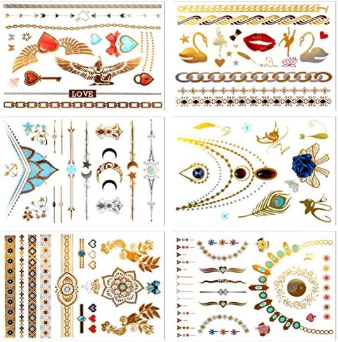 Metallic Temporary Tattoos, PrettyDate 6 Sheets 75+ Designs in Gold Silver Black Sapphire, Fake Glitter Jewelry Tattoos- Bracelets, Necklaces, Wrist, Anklets and Armbands（Jewelry Collection）