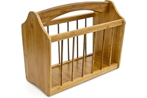 Unibos | Magazine & Newspaper Rack | Bamboo Wooden Storage Basket with Handle | Brown Living Room Reading Storage Rack | UK