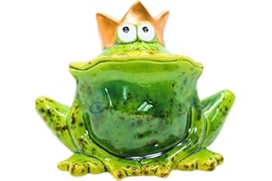 DEKOHELDEN24 Zabawna dekoracyjna żaba ze złotą koroną/żabi królem, z ceramiki, w kolorze zielonym, do domu, ogrodu, na taras lub staw, wymiary: dł./szer./wys. ok. 9 x 16 x 12 cm