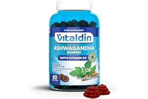 VITALDIN Ashwagandha Gummies – 300 mg estratto di Radice di Ashwagandha KSM-66 e 1000 UI Vitamina D2 – 60 Caramelle Gommose, gusto Frutti Rossi – Adattogeno Anti stress, Calma e Relax