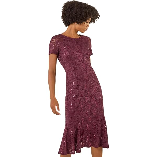 Roman Curve Sequin Lace Fit and Flare Dress for Women UK - Ladies Everyday  Holiday Autumn Winter Pull-On Round Neck Short Sleeves Comfy Soft Evening  Vacation Work - Sparkly Black